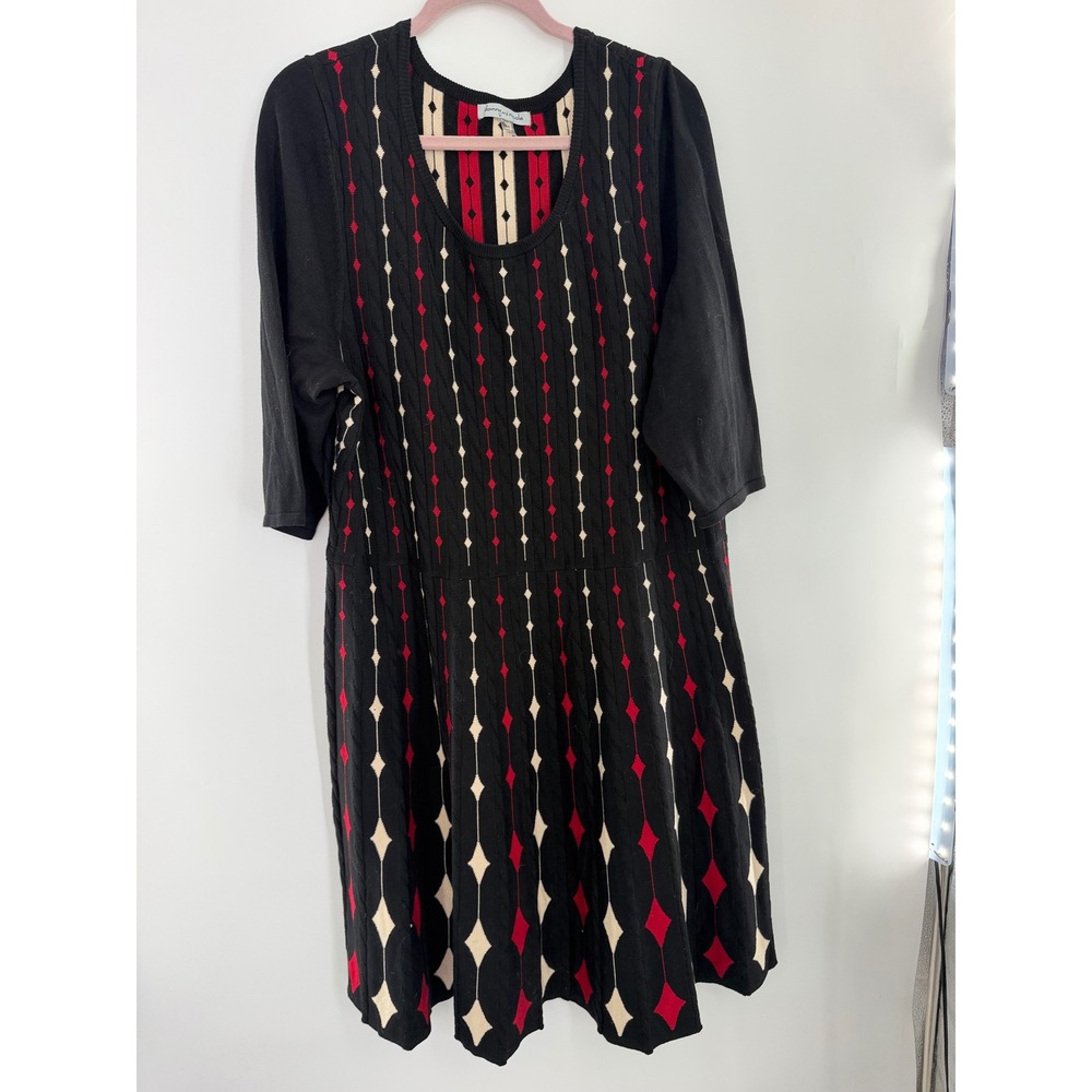 Danny and Nicole Womens Knit Fit and Flare Dress Diamond Geometric Black Red 3X